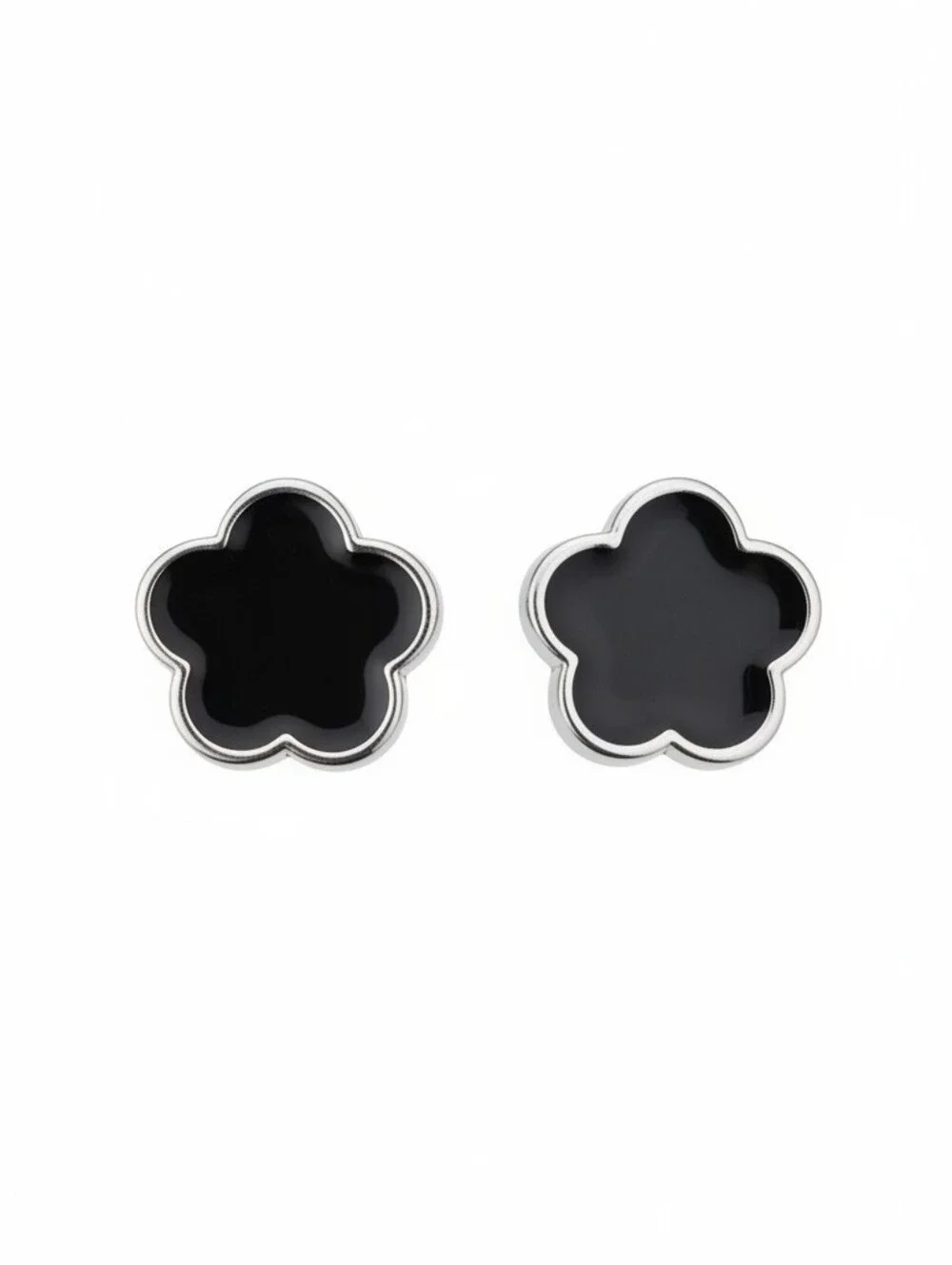 Black Flower Stud Earrings with Silver Trim